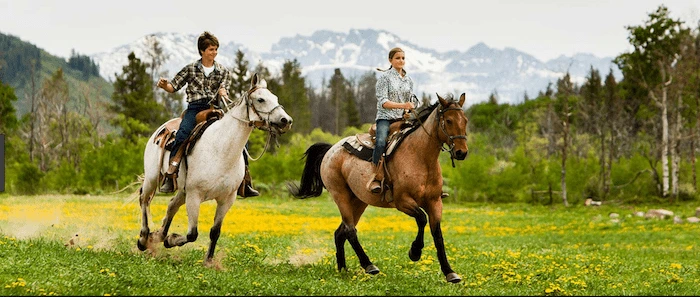 Confident plus-size woman riding Sighthill a horse through a field with a smile on her face.